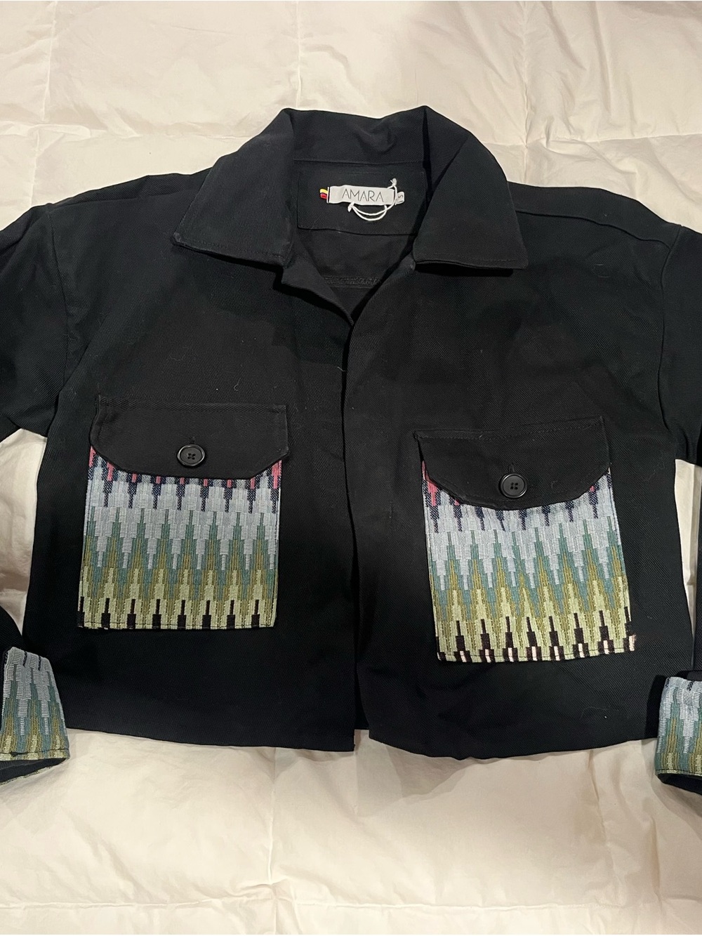 AMARA Cropped Black Jacket with Multicolor Pocket